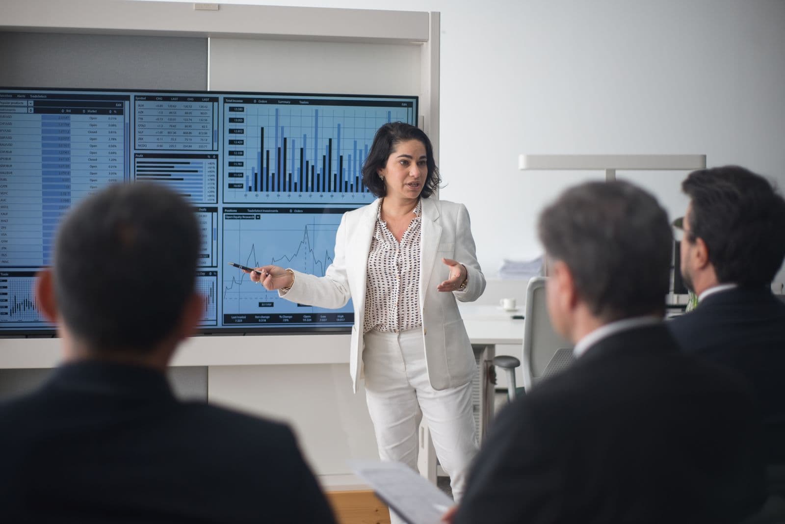Frau präsentiert Kennzahlen-Dashboards vor dem Team